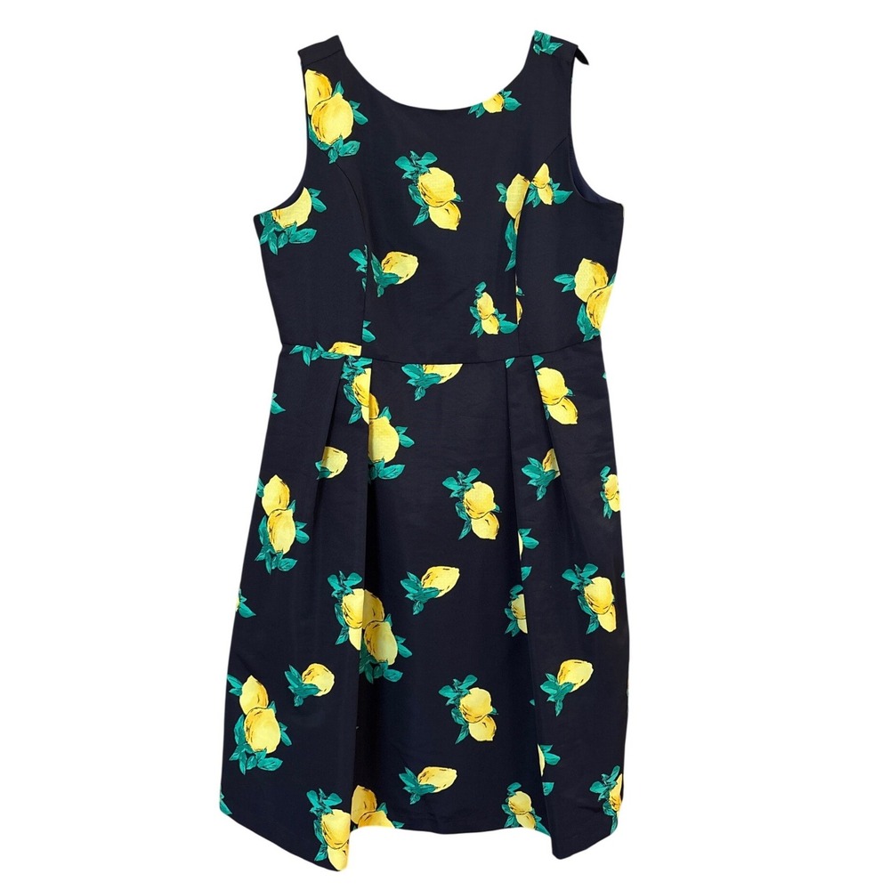 Eva Mendes New York & Company Dress Women Navy Blue‎ Lemon Print Flare SIZE 20